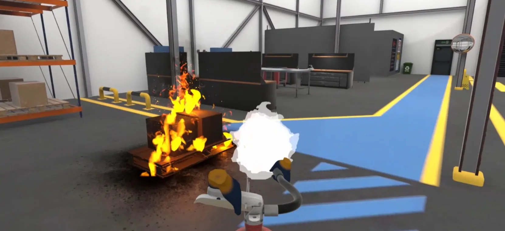 VR fire safety and emergency response training with extinguisher