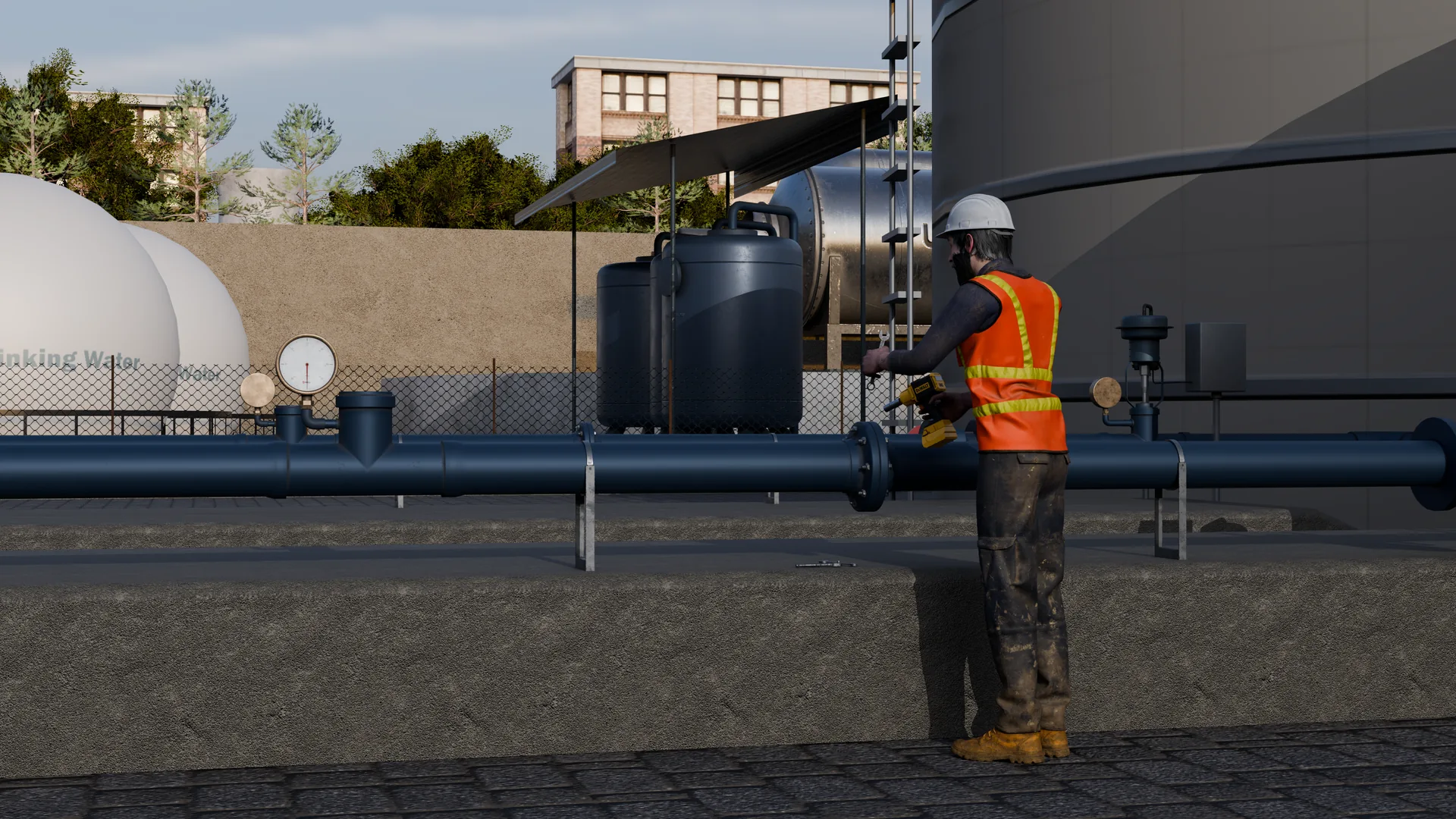 Oil and gas operator training simulator in VR - field operator inspecting pipeline equipment